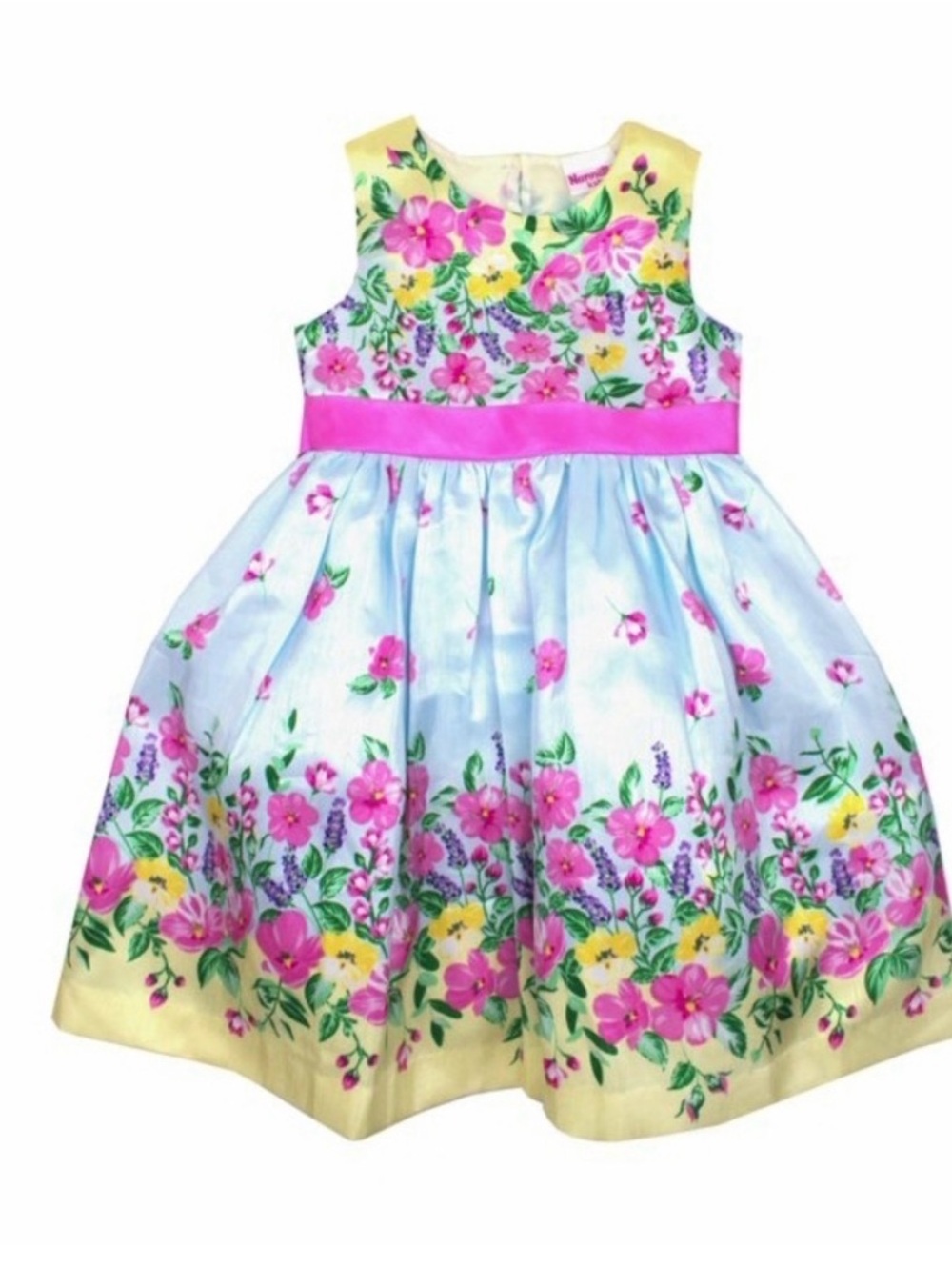 Nannette Light Blue Floral Party Dress with pink Waistband